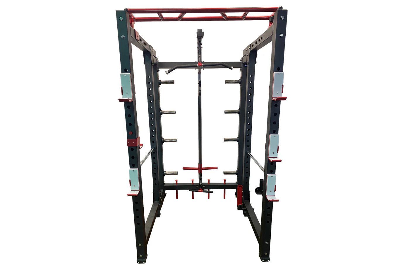 Warrior Freestanding Folding Cable Pulley Power Rack with black steel frame, red accents, and adjustable pulleys on white bac