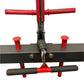 Red and black freestanding cable pulley power rack with horizontal bar, dual handles, and adjustable pulleys on white backgro