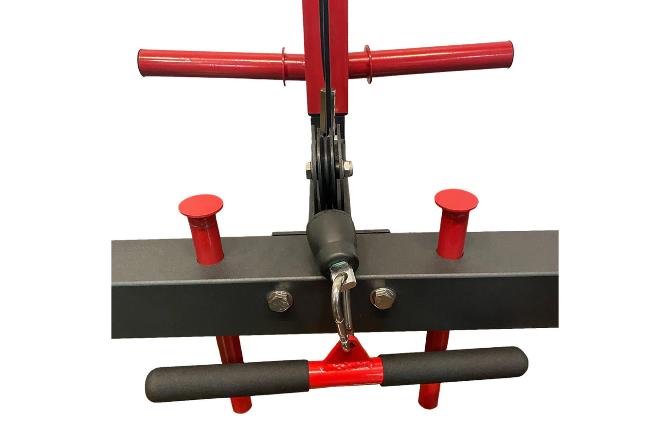Red and black freestanding cable pulley power rack with horizontal bar, dual handles, and adjustable pulleys on white backgro
