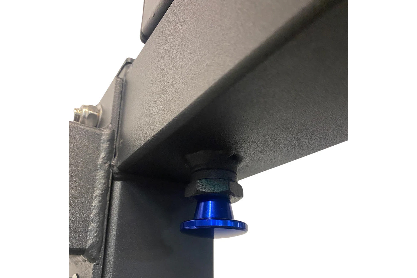Black metal power rack with blue pulley attachment and gold-toned pin detail on white background