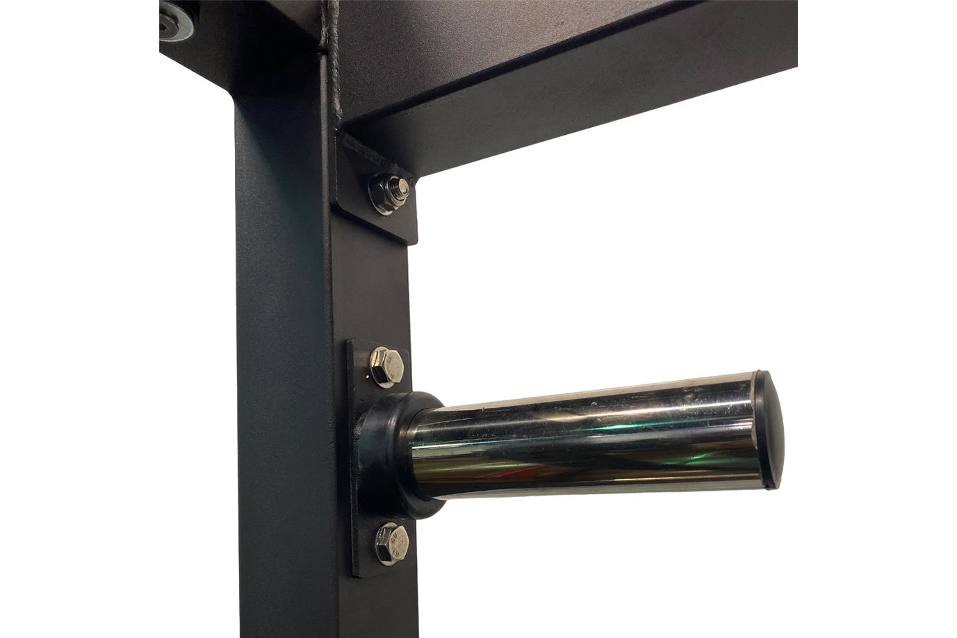 Black steel power rack corner joint with chrome pulley attachment and metal bolts on white background