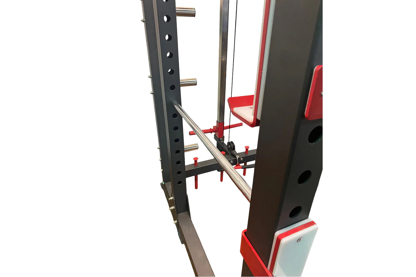 Black steel power rack with red and white pulley system, adjustable height pins, and cable attachments on white background