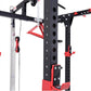 Black and red freestanding cable pulley power rack with numbered adjustment holes, red triangle attachment, and pulley system