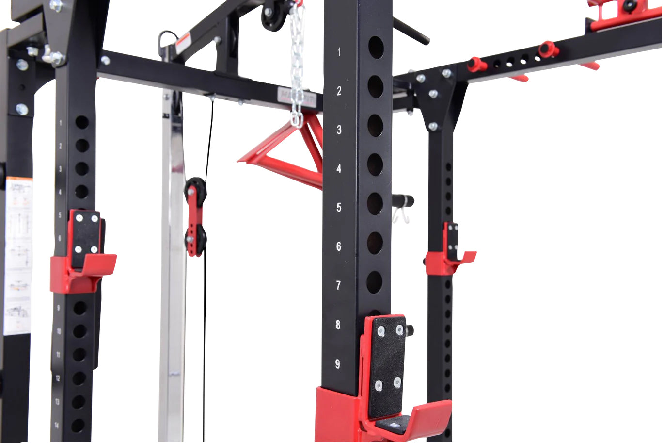 Black and red freestanding cable pulley power rack with numbered adjustment holes, red triangle attachment, and pulley system