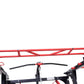 Red and black metal cable pulley power rack with folding frame, black handlebar, and adjustment hardware on white background