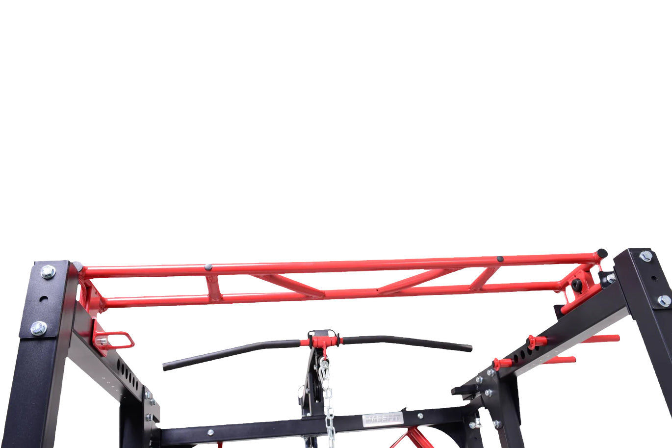 Red and black metal cable pulley power rack with folding frame, black handlebar, and adjustment hardware on white background
