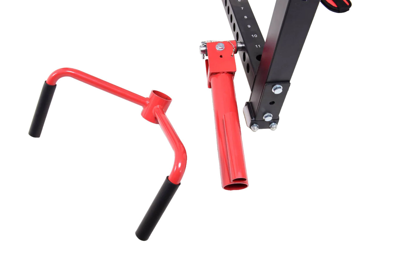 Red and black cable pulley attachment system for power rack with numbered adjustment holes, shown on white background