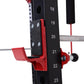 Red and black cable pulley attachment with numbered mounting posts on power rack, close-up detail view