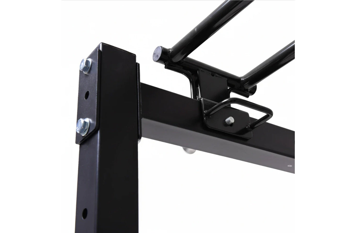 Black steel power rack with folding cable pulley system, adjustable J-hooks and safety arms on white background