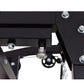 Black powder-coated steel cable pulley power rack with chrome bolts and adjustment holes, overhead view on white background