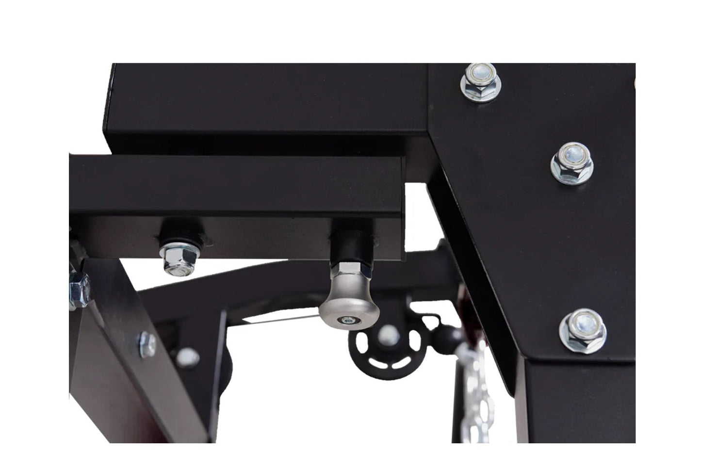 Black powder-coated steel cable pulley power rack with chrome bolts and adjustment holes, overhead view on white background