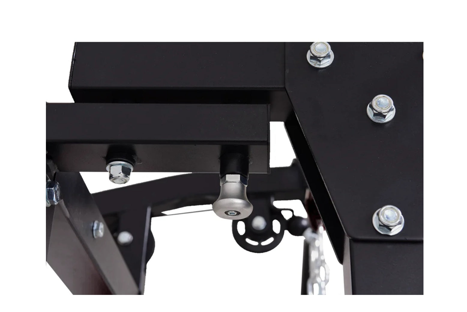 Black powder-coated steel cable pulley power rack with chrome bolts and adjustment holes, overhead view on white background
