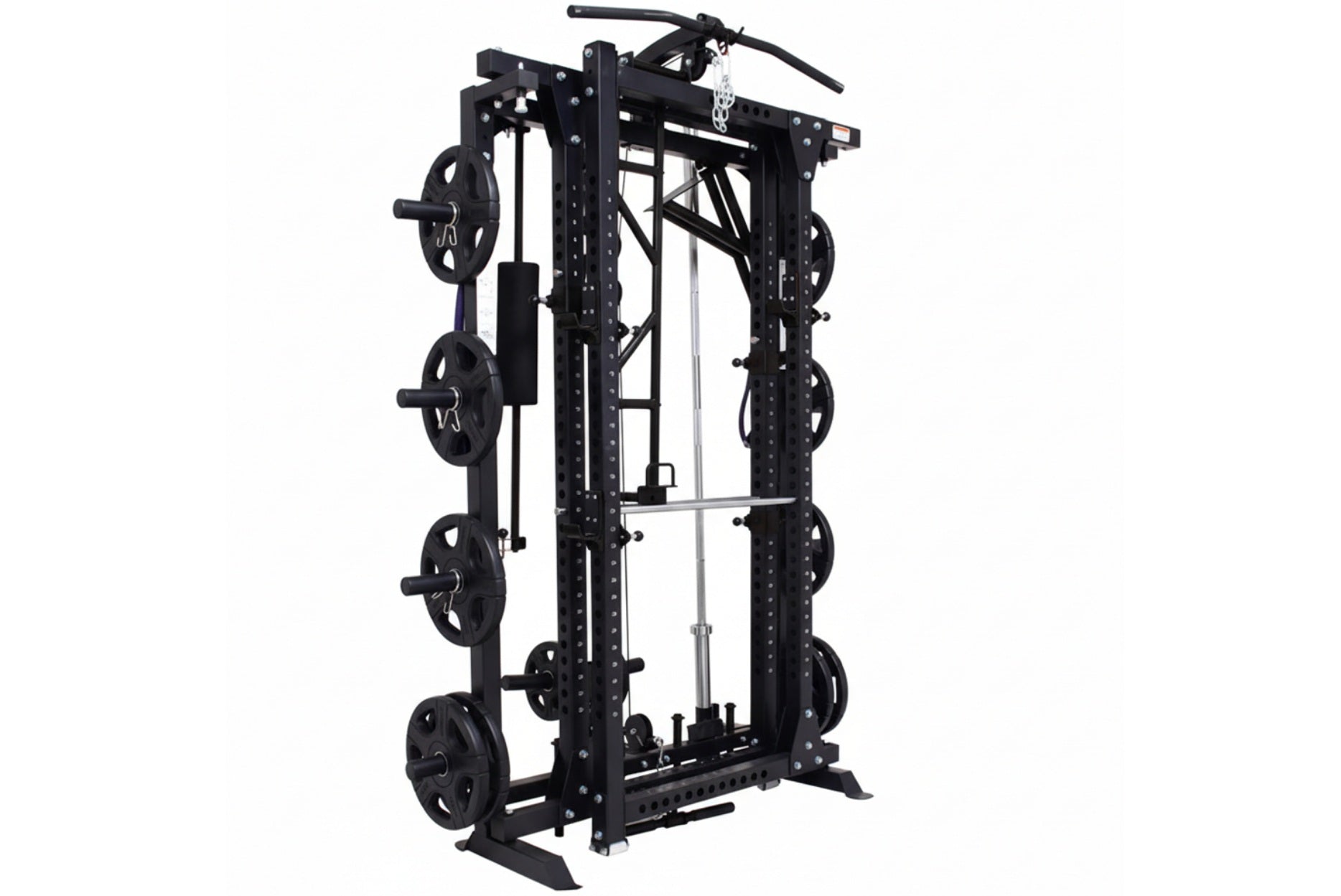 Black freestanding cable pulley power rack with weight plate storage pegs, silver safety bars, and chain attachments on white