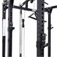Black steel power rack with numbered hole positions, cable pulley system, and adjustable attachments on white background
