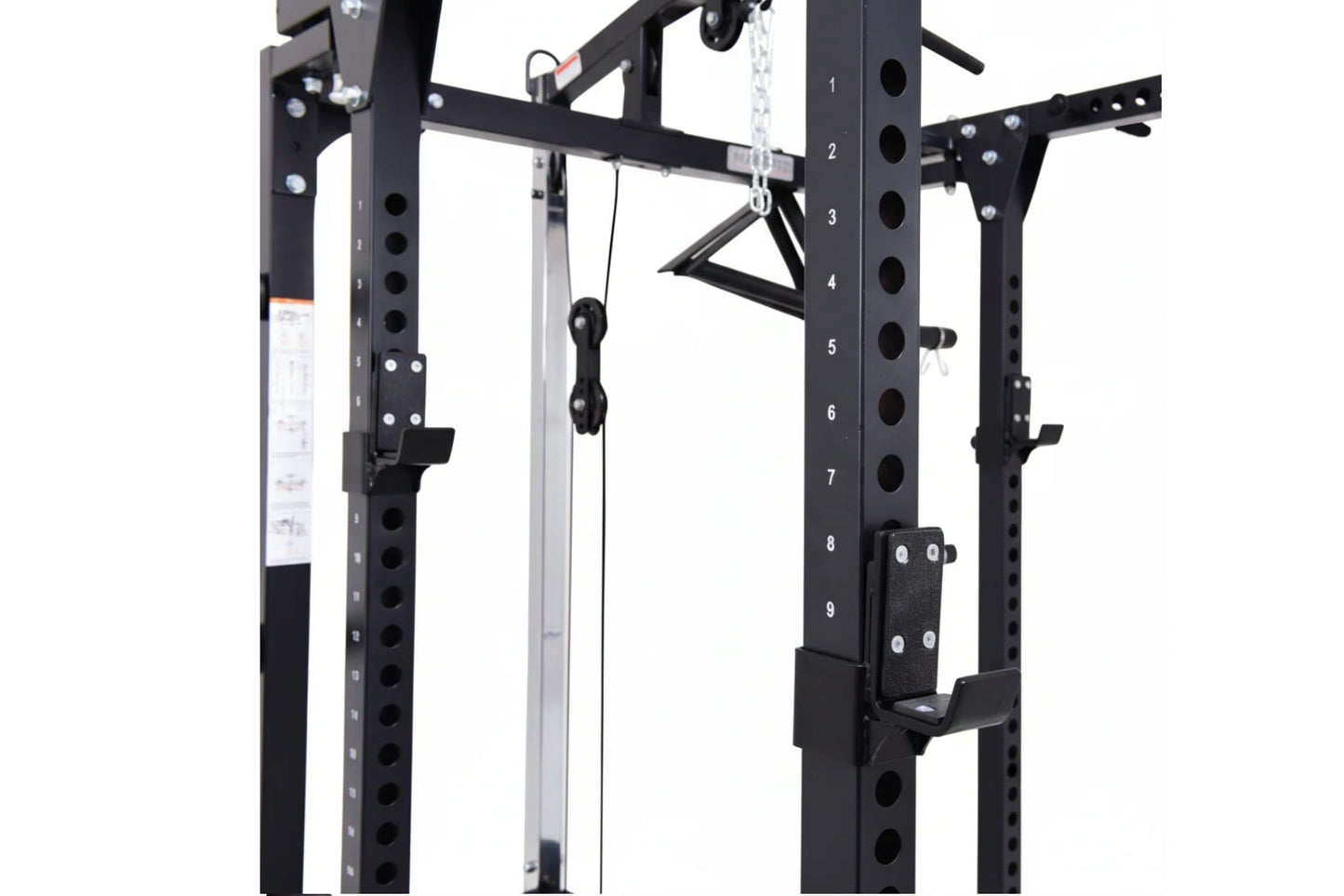 Black steel power rack with numbered hole positions, cable pulley system, and adjustable attachments on white background
