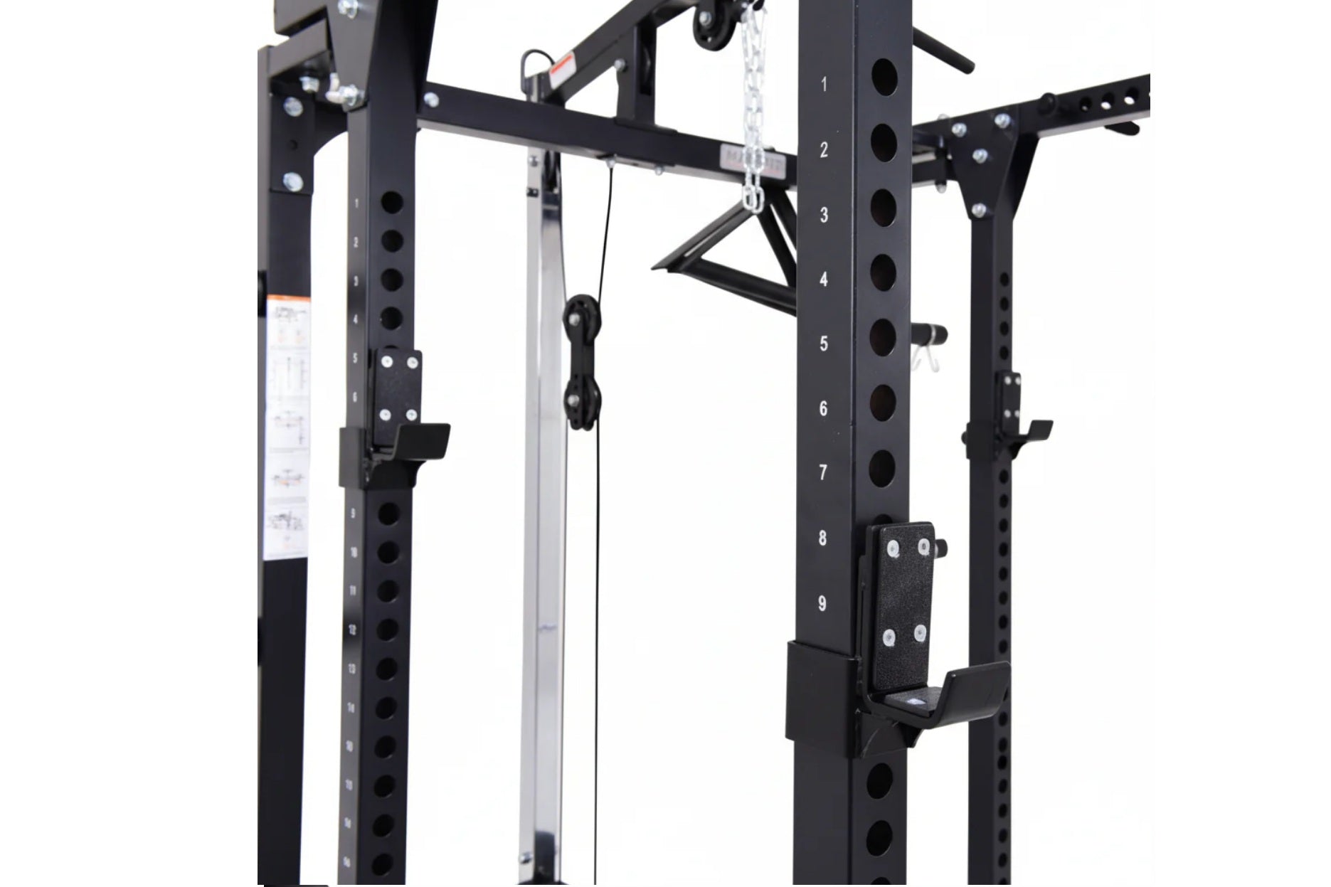 Black steel power rack with numbered hole positions, cable pulley system, and adjustable attachments on white background