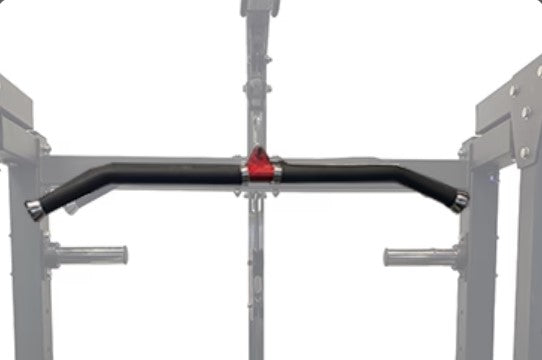 Black curved pull-up bar with red center attachment mounted on gray metal power rack frame