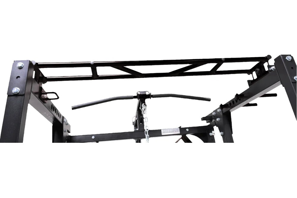 Black steel freestanding power rack with cable pulley system, adjustable pull-up bar, and mounting hardware on white backgrou