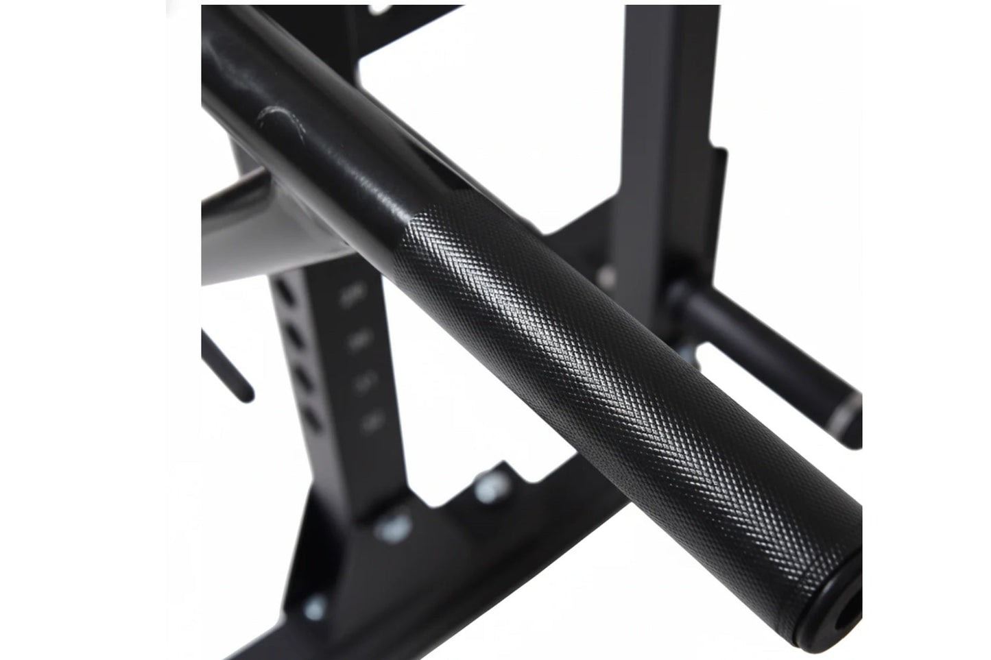 Black steel cable pulley power rack with textured grip handles and vertical support frame on white background