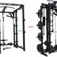 Black steel freestanding power rack with cable pulleys, weight plate storage, and adjustable bar positions on white backgroun