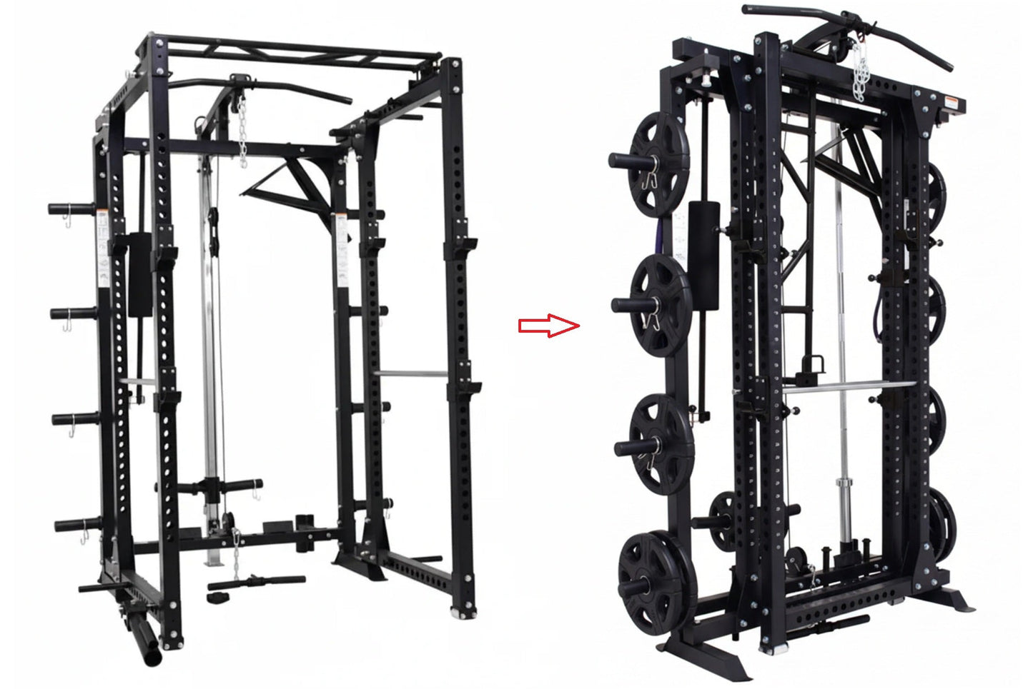 Black steel freestanding power rack with cable pulleys, weight plate storage, and adjustable bar positions on white backgroun