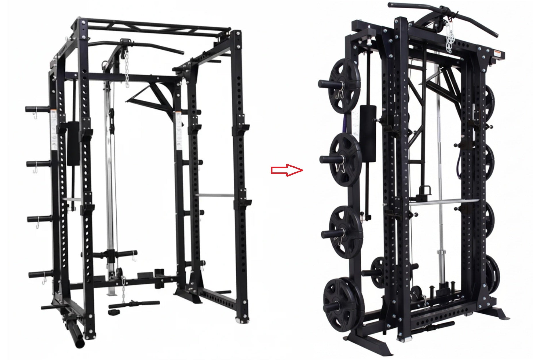 Black steel freestanding power rack with cable pulleys, weight plate storage, and adjustable bar positions on white backgroun
