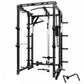 Black steel power rack with cable pulley system, adjustable j-hooks, lat pulldown attachment, and landmine post on white back