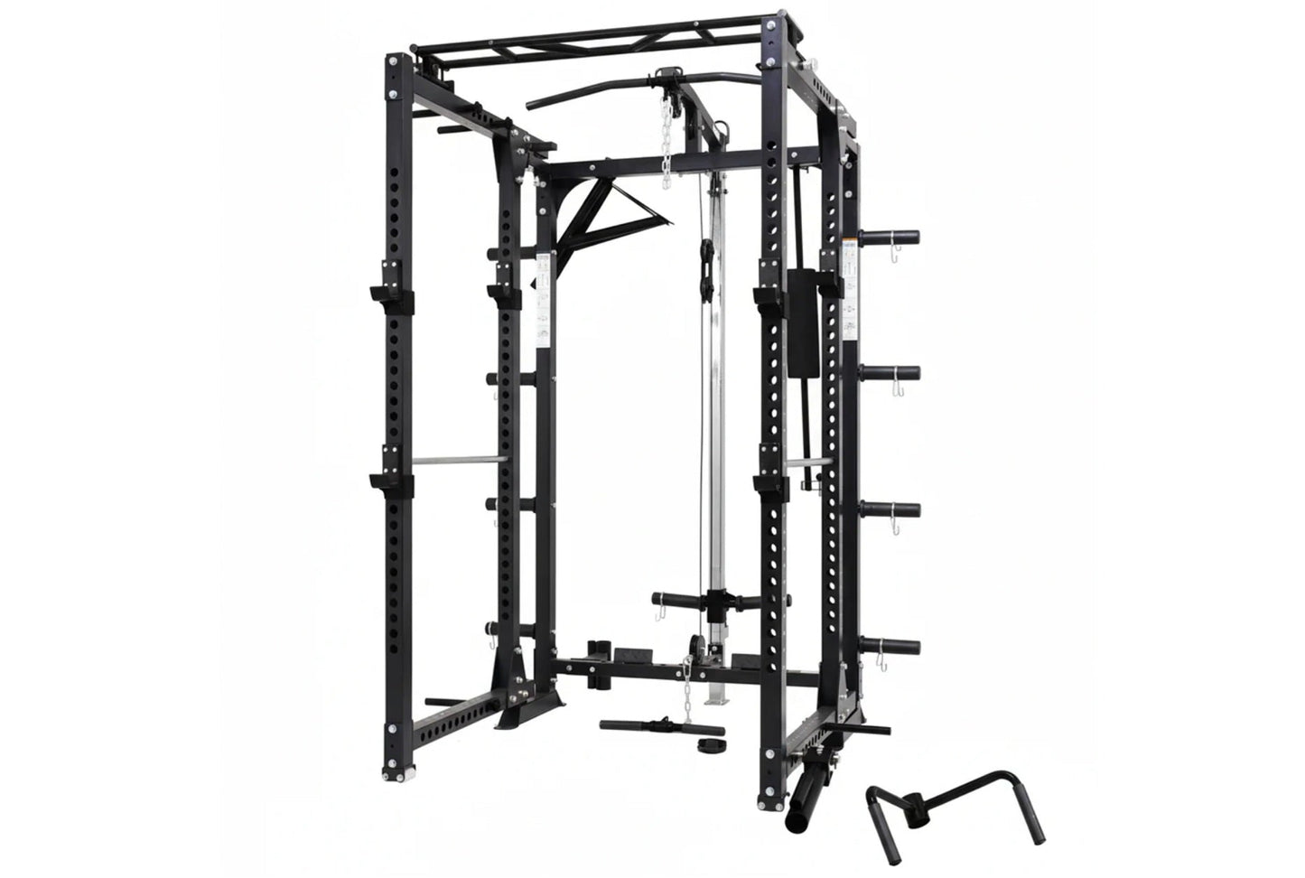 Black steel power rack with cable pulley system, adjustable j-hooks, lat pulldown attachment, and landmine post on white back