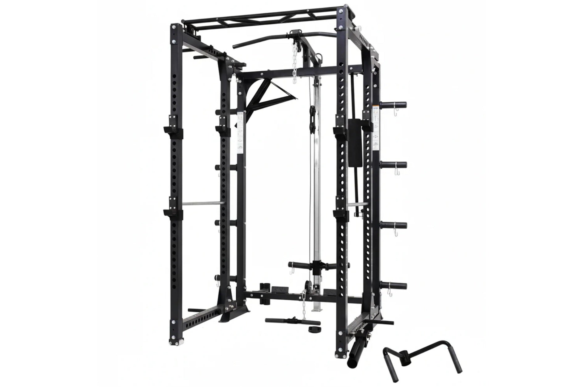 Black steel power rack with cable pulley system, adjustable j-hooks, lat pulldown attachment, and landmine post on white back