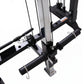 Black and silver freestanding cable pulley power rack with dual pulleys, adjustable arms, and weight plate pegs on white back