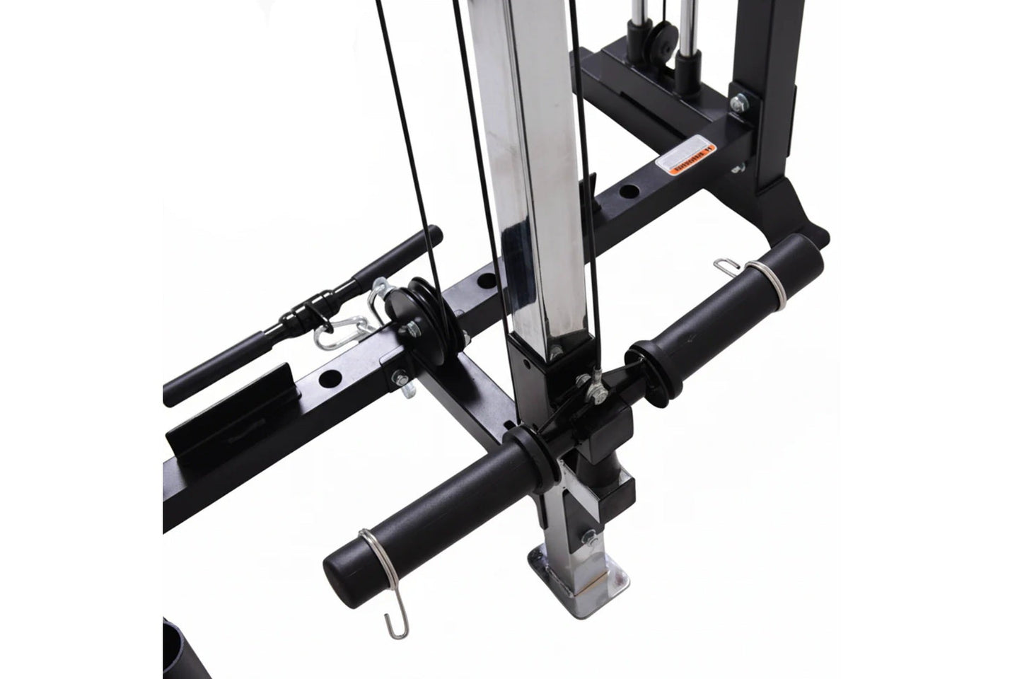 Black and silver freestanding cable pulley power rack with dual pulleys, adjustable arms, and weight plate pegs on white back