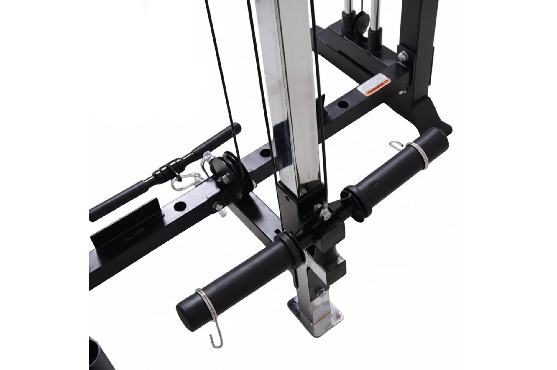 Black and silver freestanding cable pulley power rack with dual pulleys, adjustable arms, and weight plate pegs on white back