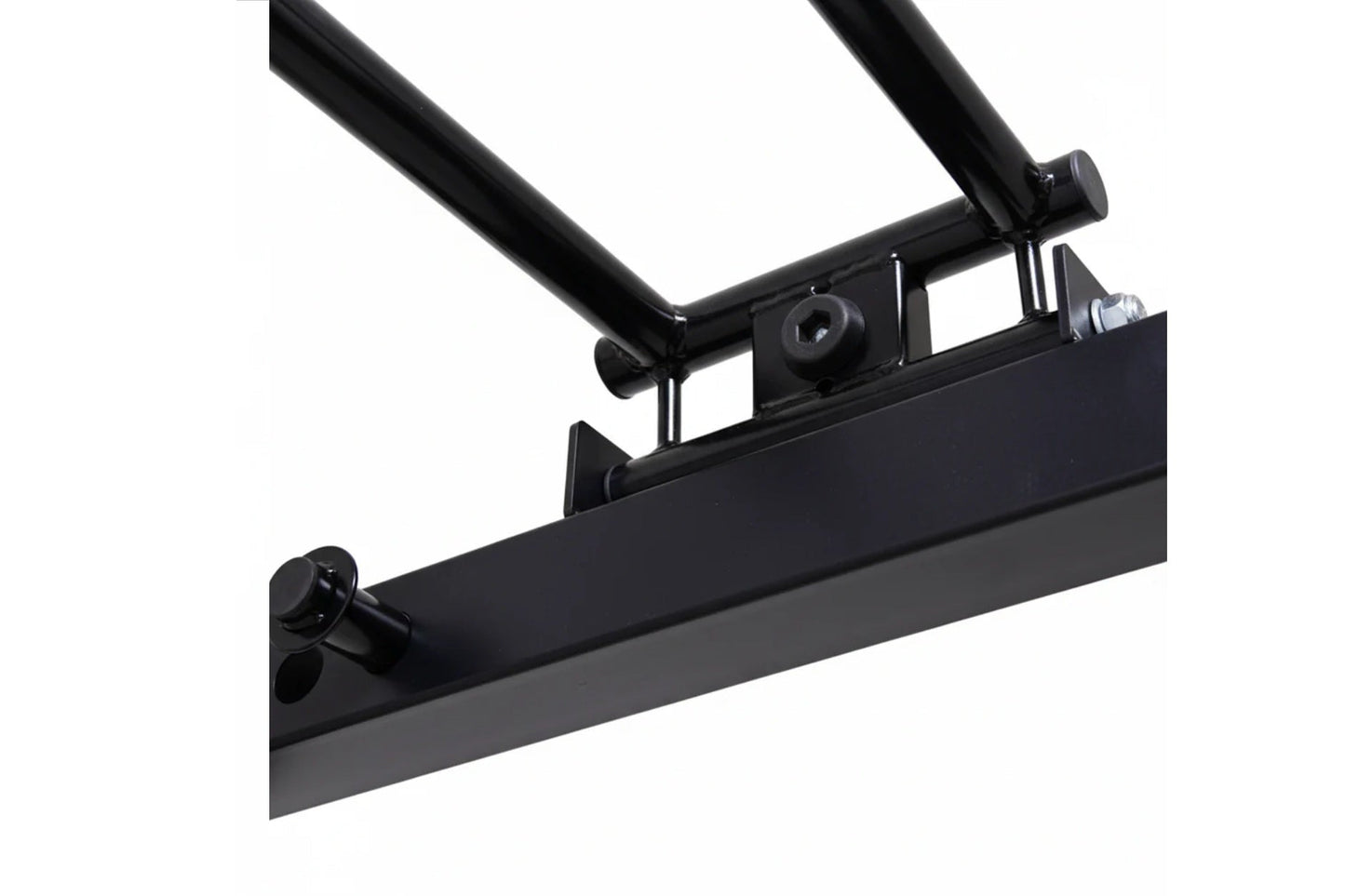 Black metal cable pulley power rack with dual angled frames and adjustable attachment points on white background