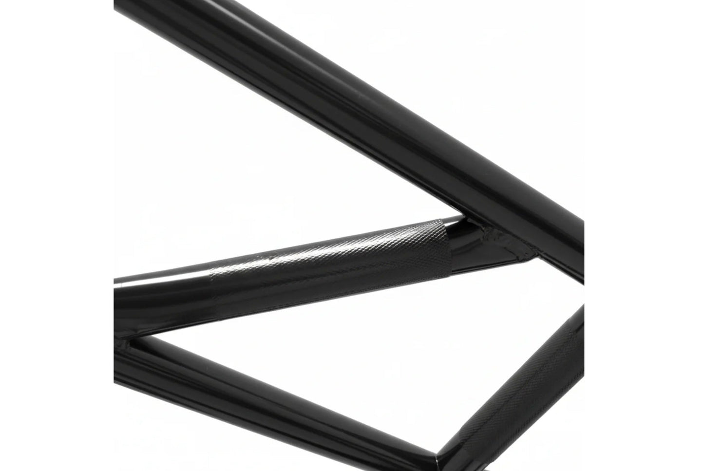 Black metal power rack frame with diagonal cross-braces and horizontal support bars, close-up detail view