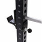 Black steel power rack with numbered height markers 19-24, chrome horizontal bar, and adjustable pulley attachment with black