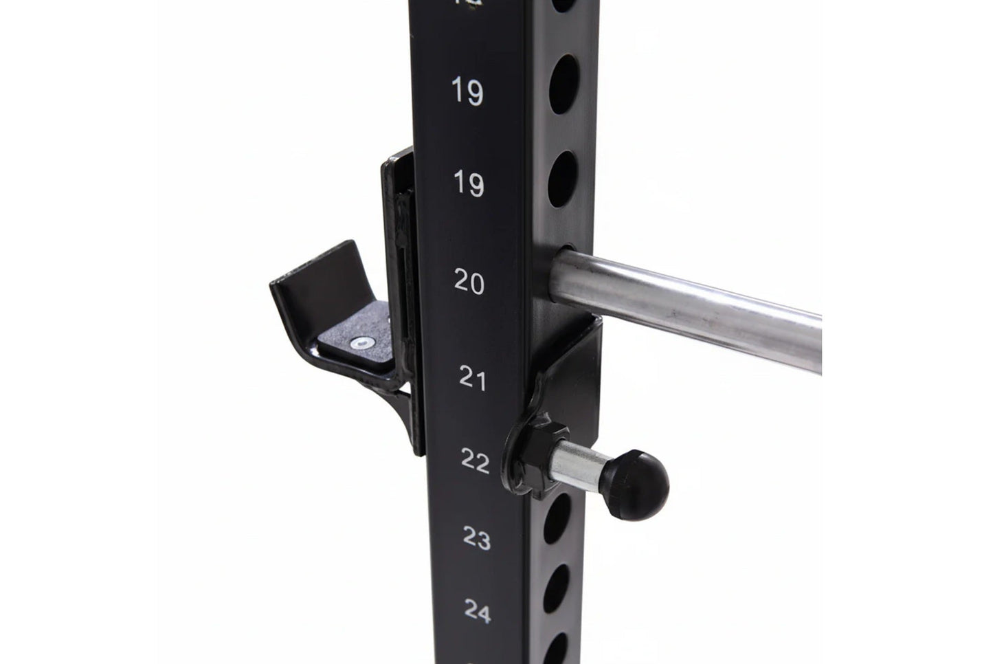 Black steel power rack with numbered height markers 19-24, chrome horizontal bar, and adjustable pulley attachment with black