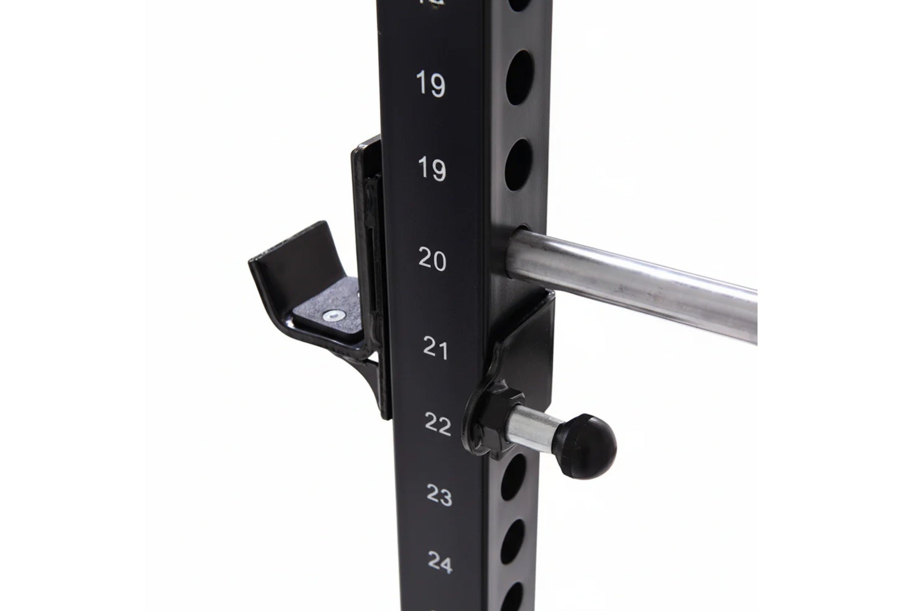 Black steel power rack with numbered height markers 19-24, chrome horizontal bar, and adjustable pulley attachment with black