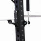 Black steel power rack with numbered adjustment holes, attached black leather shoulder pad and cable pulley attachment with g