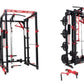 Warrior Freestanding Folding Cable Pulley Power Rack with black and red steel frame, shown in open and folded positions with 