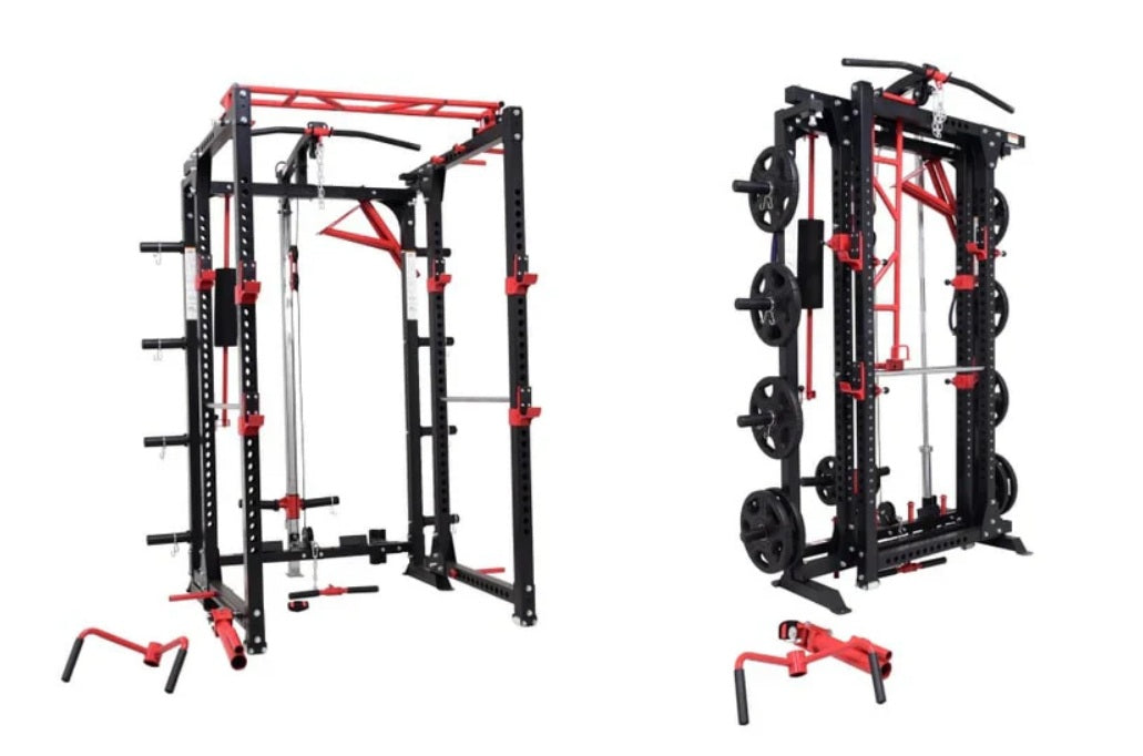 Warrior Freestanding Folding Cable Pulley Power Rack with black and red steel frame, shown in open and folded positions with 