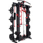 Black and red freestanding cable pulley power rack with weight plates and lat pulldown attachment on white background