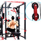 Warrior Freestanding Folding Cable Pulley Power Rack with black frame, red accents, and dual cable pulleys, shown with shirtl
