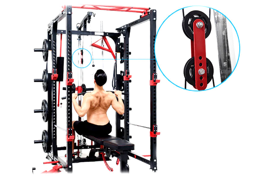 Warrior Freestanding Folding Cable Pulley Power Rack with black frame, red accents, and dual cable pulleys, shown with shirtl
