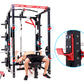 Black and red multi-function power rack with cable pulleys, shown with male model performing chest press exercise and detail 