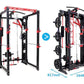 Black and red freestanding power rack with cable pulleys, weight plates, and folding design shown in open and collapsed posit