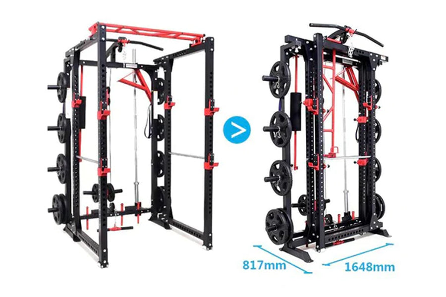 Black and red freestanding power rack with cable pulleys, weight plates, and folding design shown in open and collapsed posit