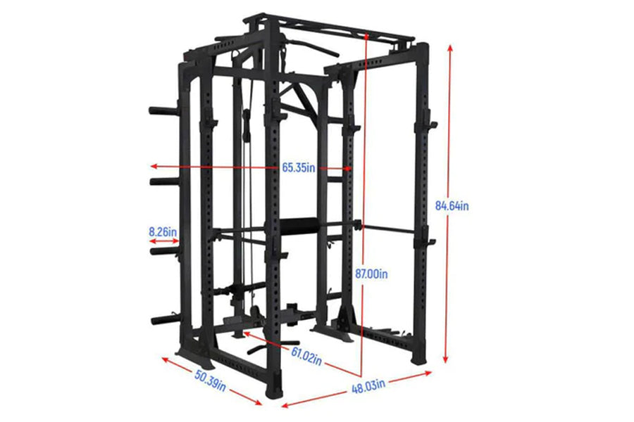 Black metal freestanding power rack with cable pulley system, adjustable pull-up bars, and weight plate pegs, shown with dime