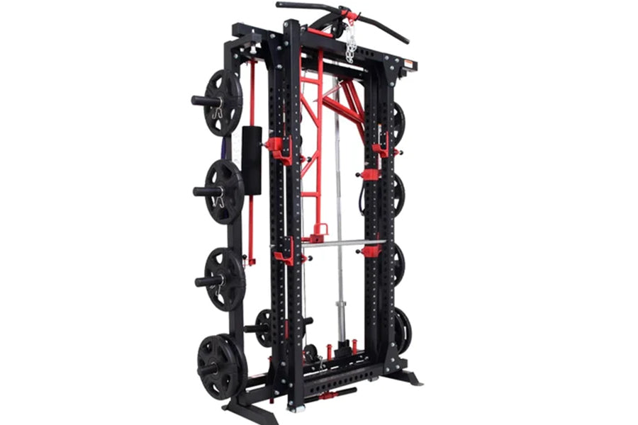 Warrior Freestanding Folding Cable Pulley Power Rack with black steel frame, red accents, weight plates, and adjustable pulle