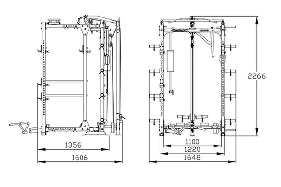 Technical blueprint drawings of folding cable pulley power rack shown from front and side views with dimension measurements