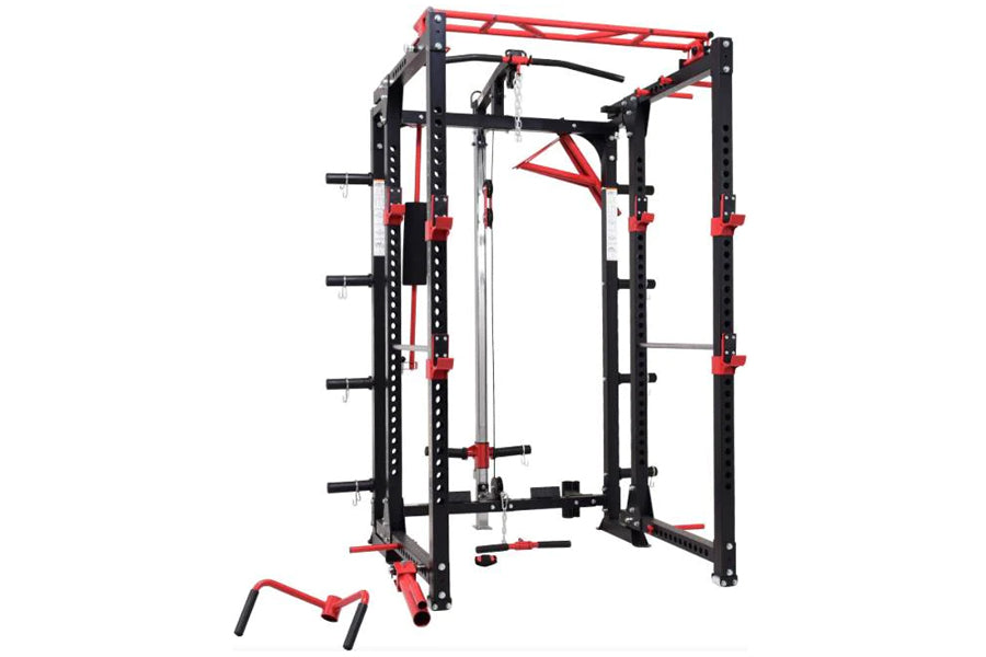 Black and red freestanding power rack with cable pulleys, lat pulldown, and leg press attachments on white background